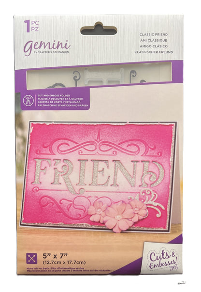 Package of Gemini die with 'Friend' design on pink background