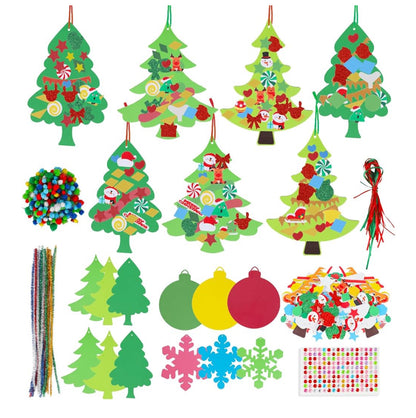 Set of Christmas-themed craft materials including trees, ornaments, and decorative items on a white background.