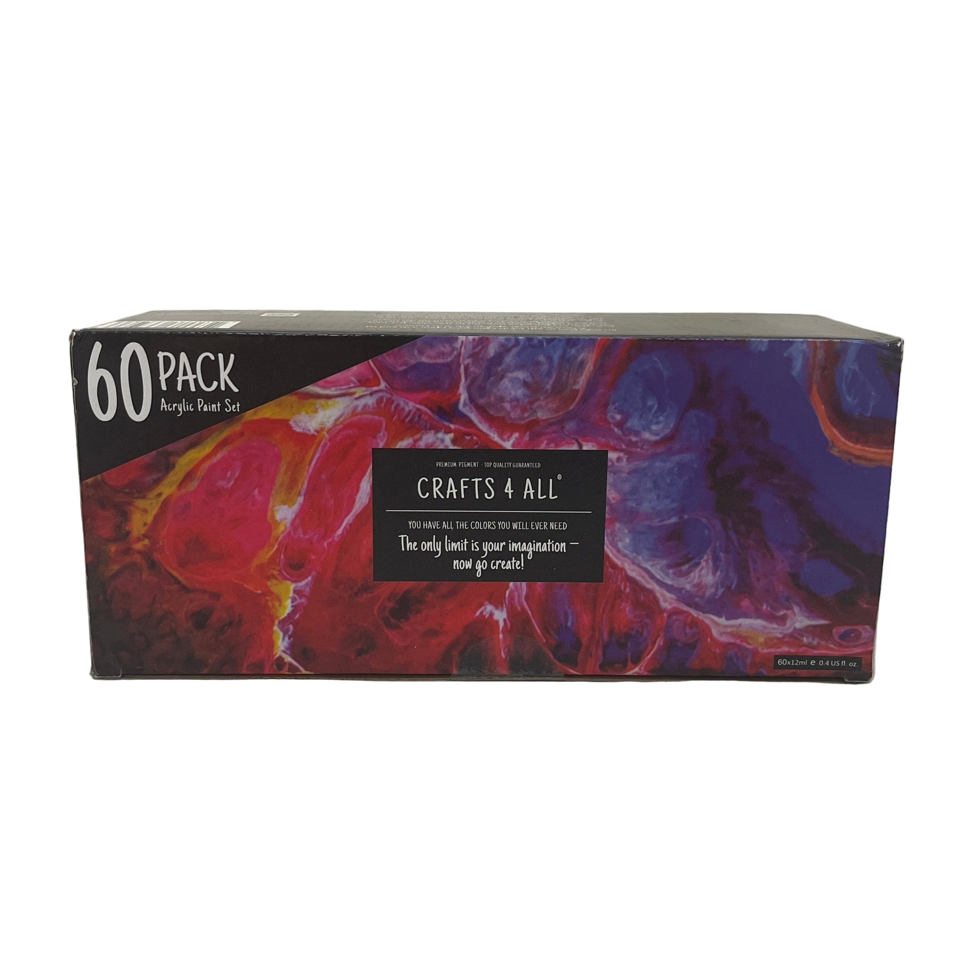 60-pack acrylic paint set packaging with colorful design and 'Crafts 4 All' branding.