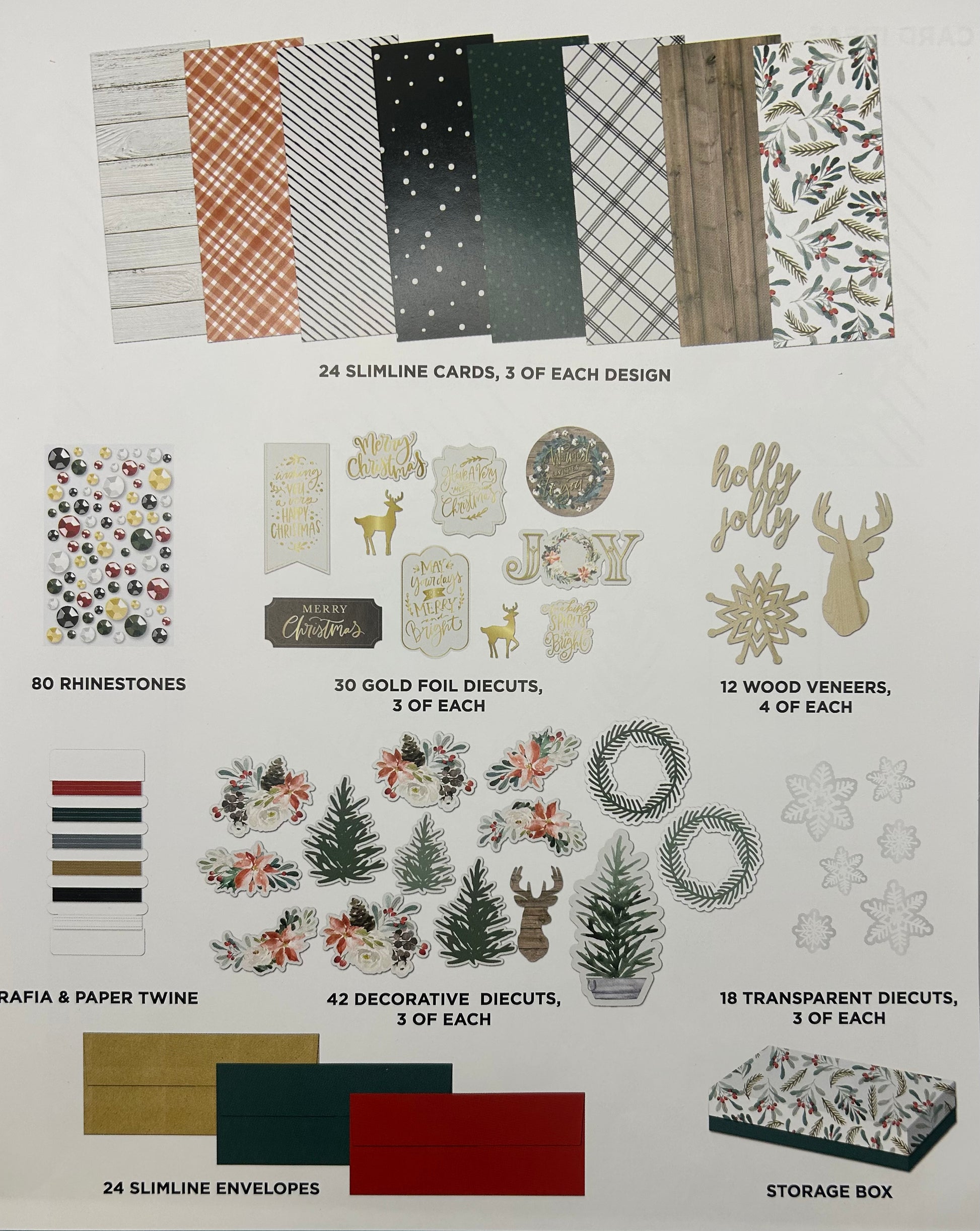 Collection of craft supplies including cards, rhinestones, die cuts, and more on a white background.