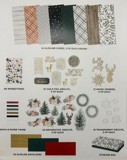 Collection of craft supplies including cards, rhinestones, die cuts, and more on a white background.