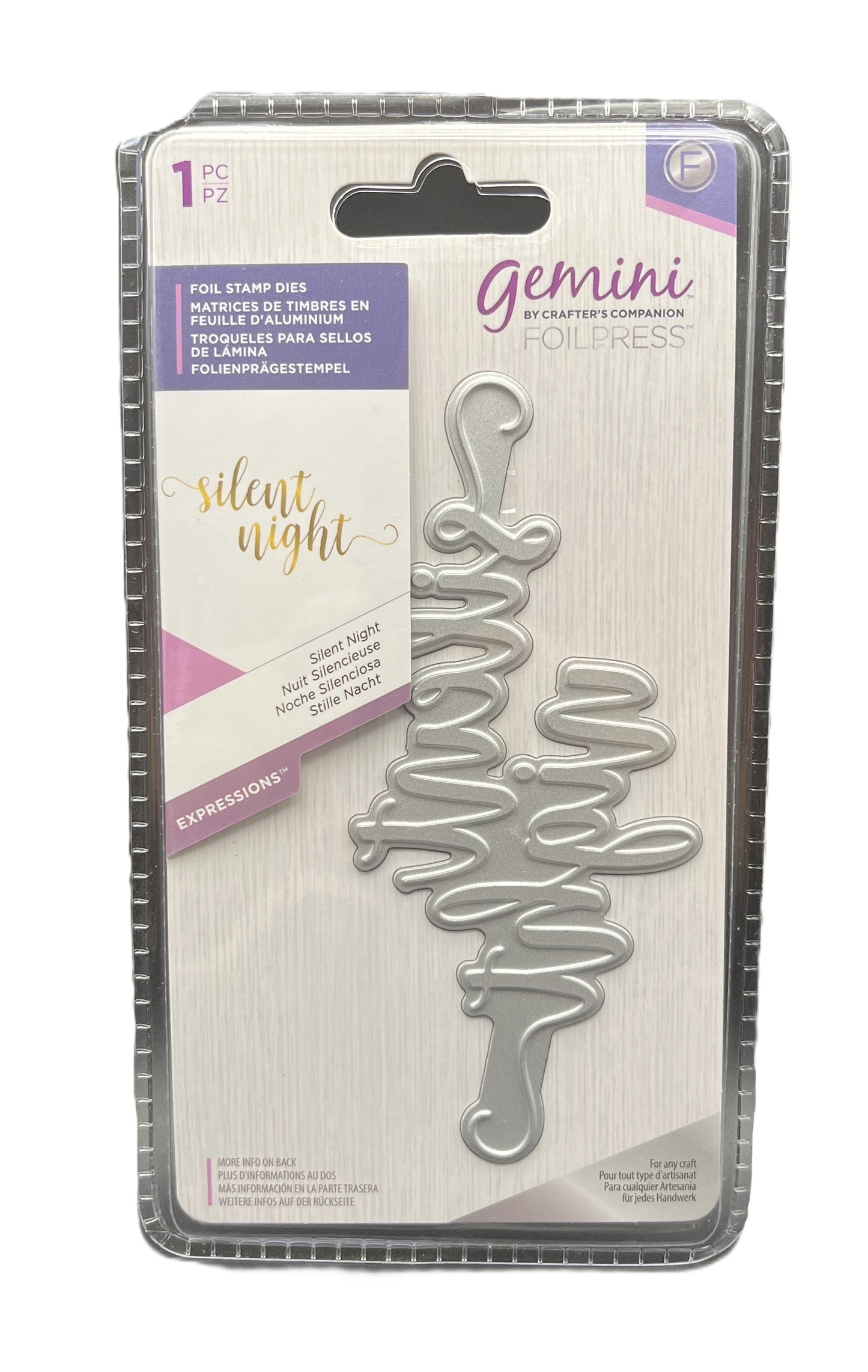 Metallic die cut with 'silent night' text on a Gemini packaging