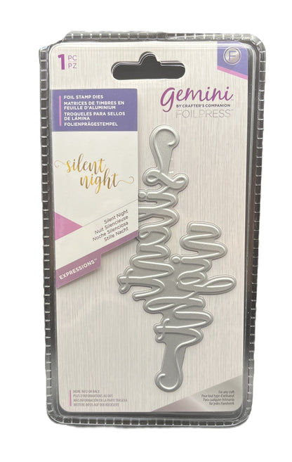 Metallic die cut with 'silent night' text on a Gemini packaging