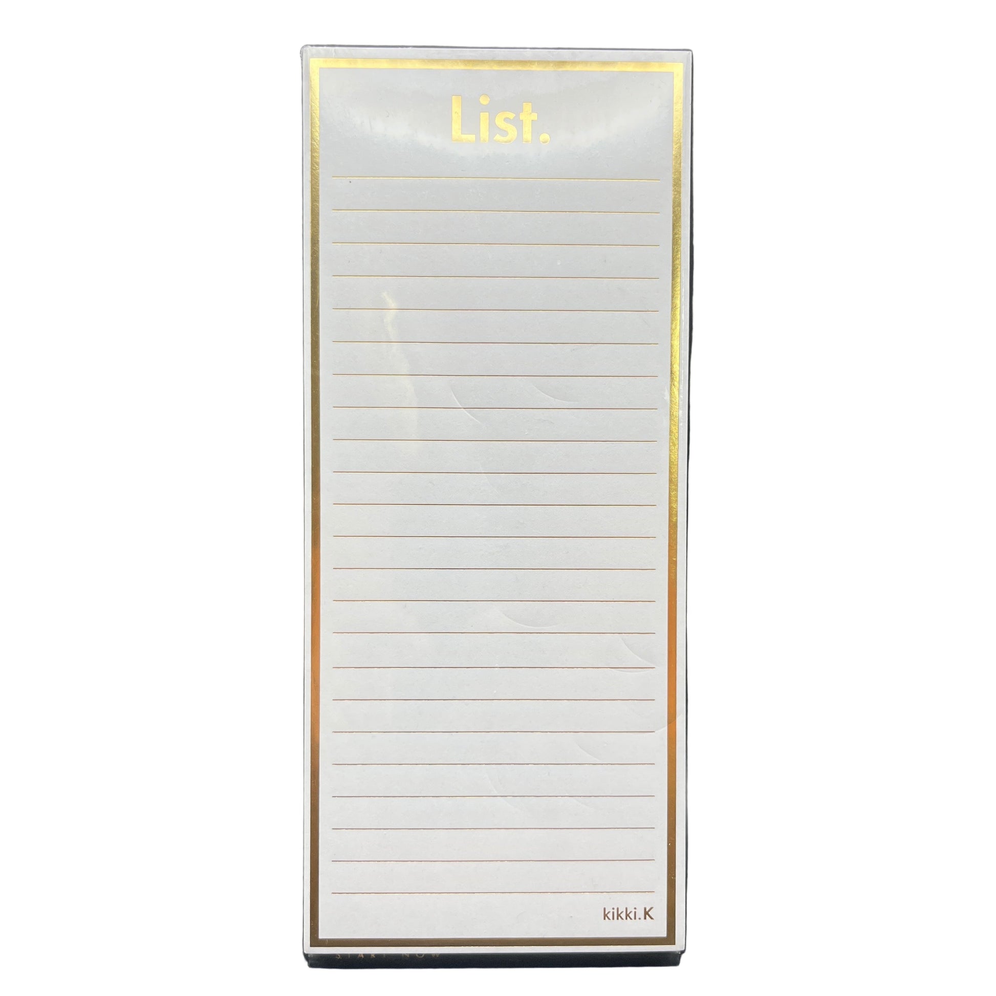 Notepad with lined pages and gold border on a white background