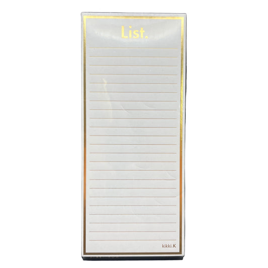 Notepad with lined pages and gold border on a white background