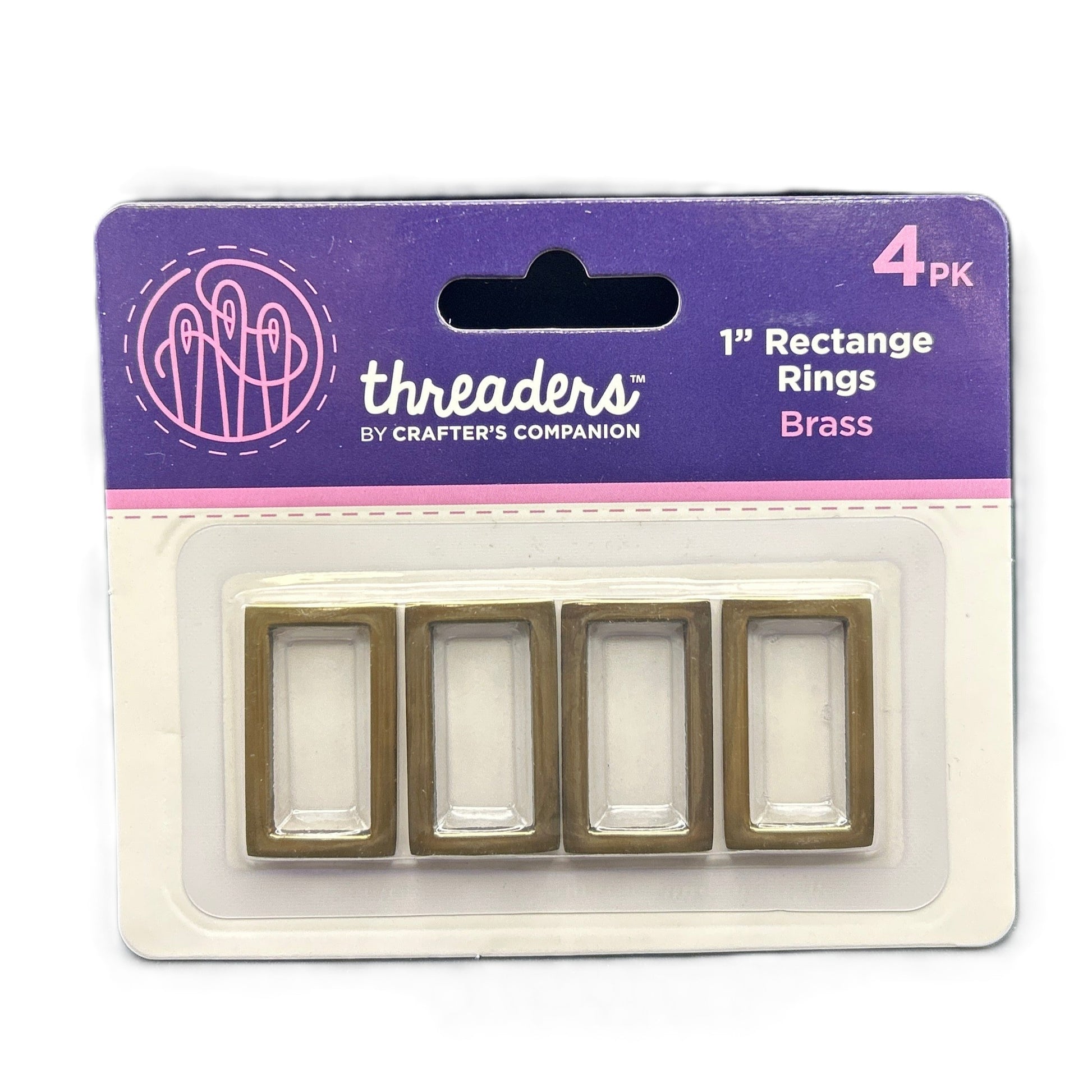 Pack of 'threaders' rectangle rings by Crafter's Companion with brass finish on a white background.