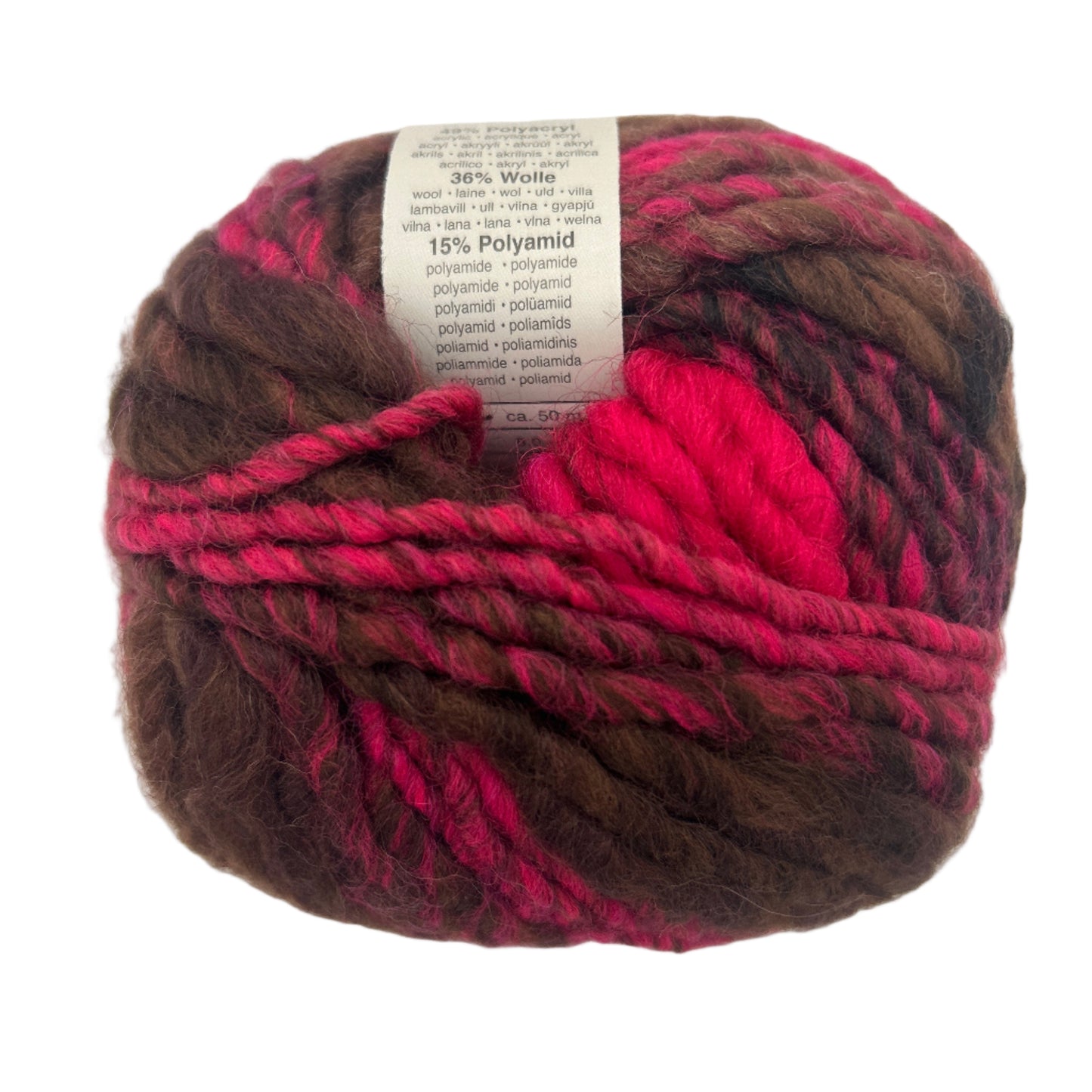 Ball of multicolored yarn with a label on a white background