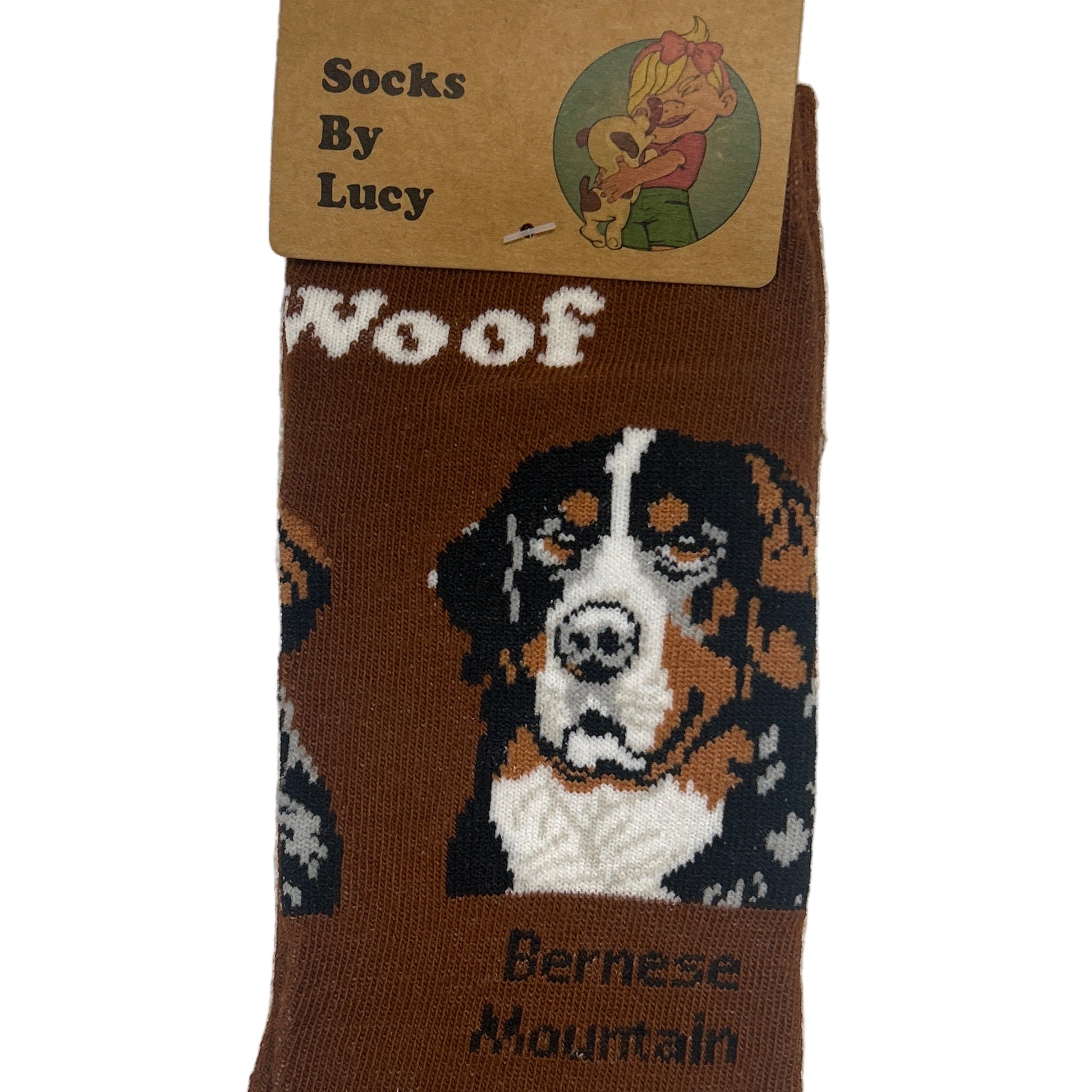Brown sock with dog pattern and label on a textured surface