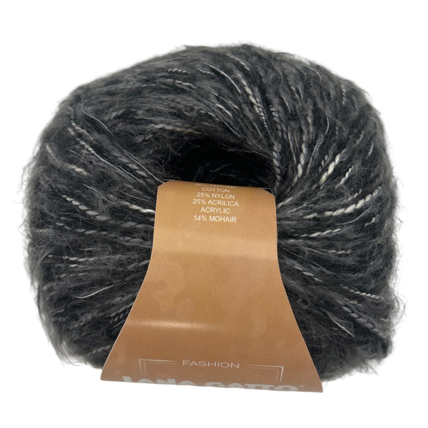 Ball of dark gray yarn with a brown label on a white background