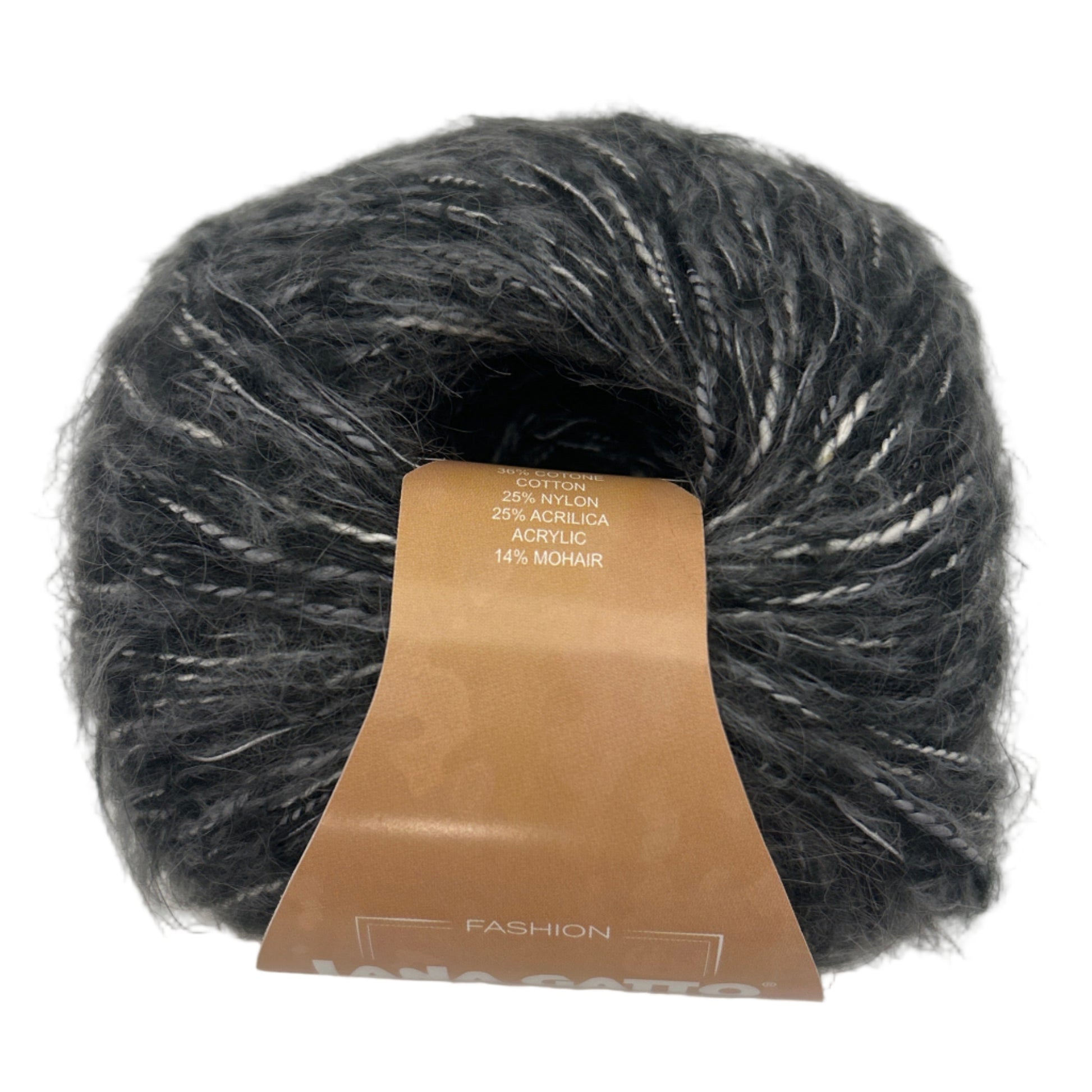 Ball of dark gray yarn with a brown label on a white background