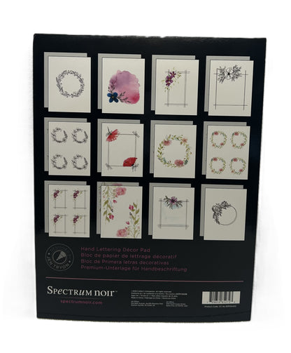 Packaging of Spectrum Noir hand lettering decor pad with various design samples on a white background