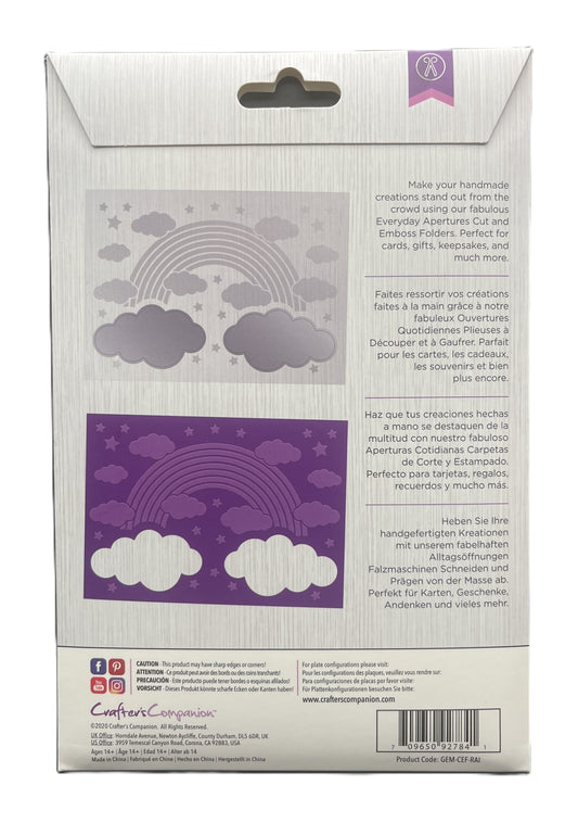 Package back with rainbow and cloud design on a white background
