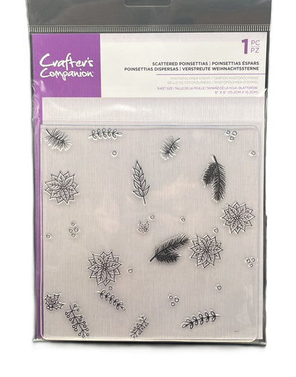 Packaged clear stamp set with winter-themed designs on a white background