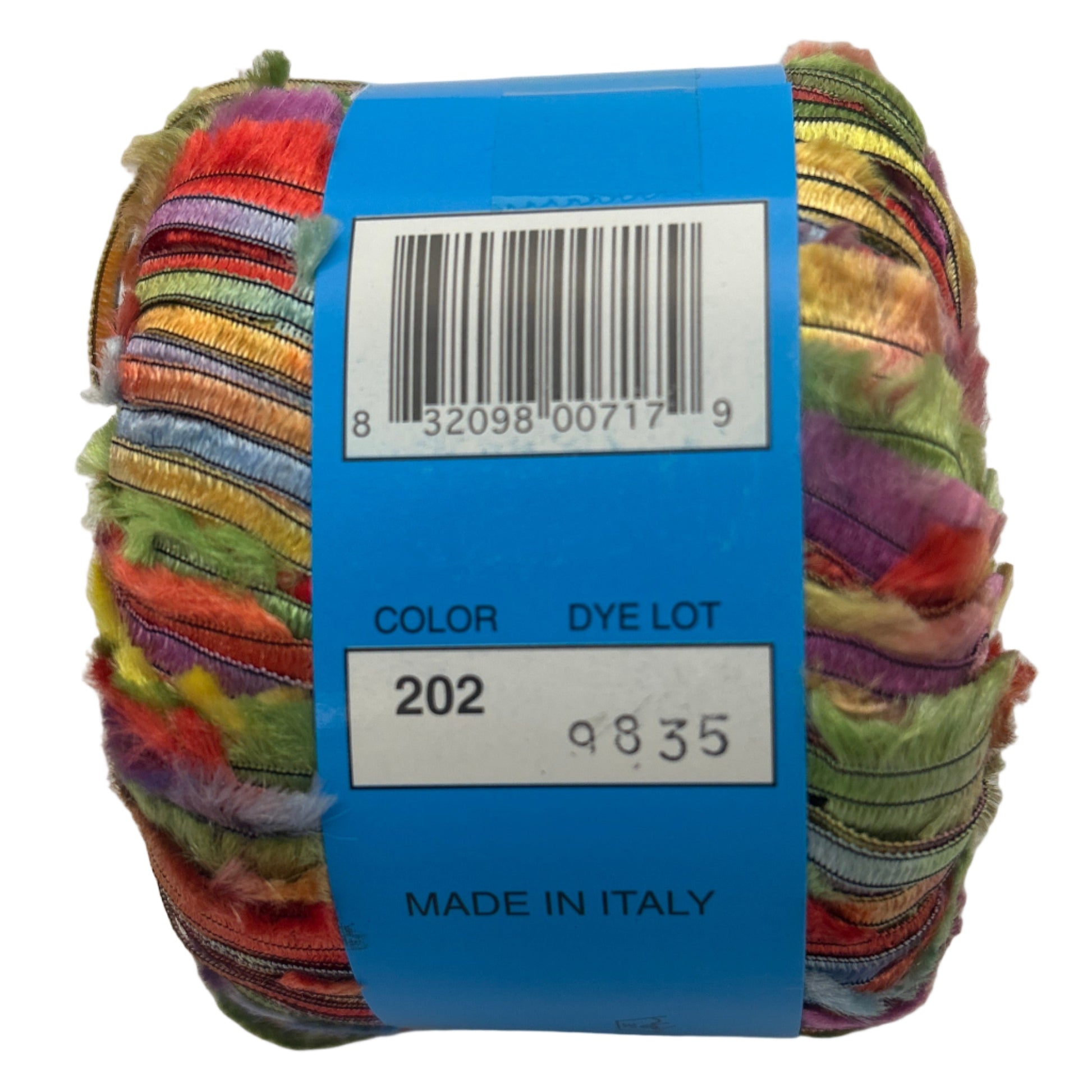 Multicolored yarn ball with a blue label on a white background