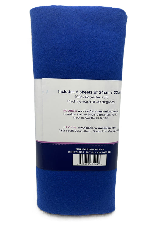 Blue felt sheet with packaging label on a white background