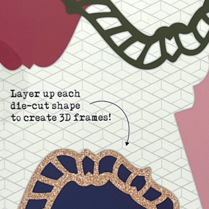 Instructions for layering die-cut shapes to create 3D frames on a geometric patterned background.