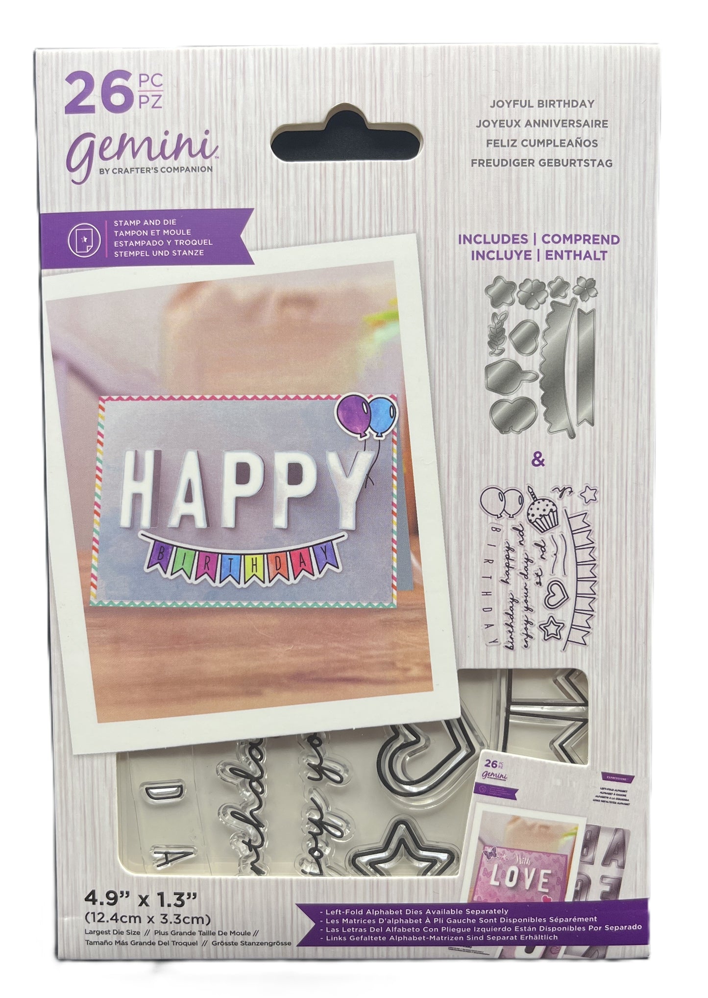 Packaging of Gemini stamp set with a sample card and stamps included.
