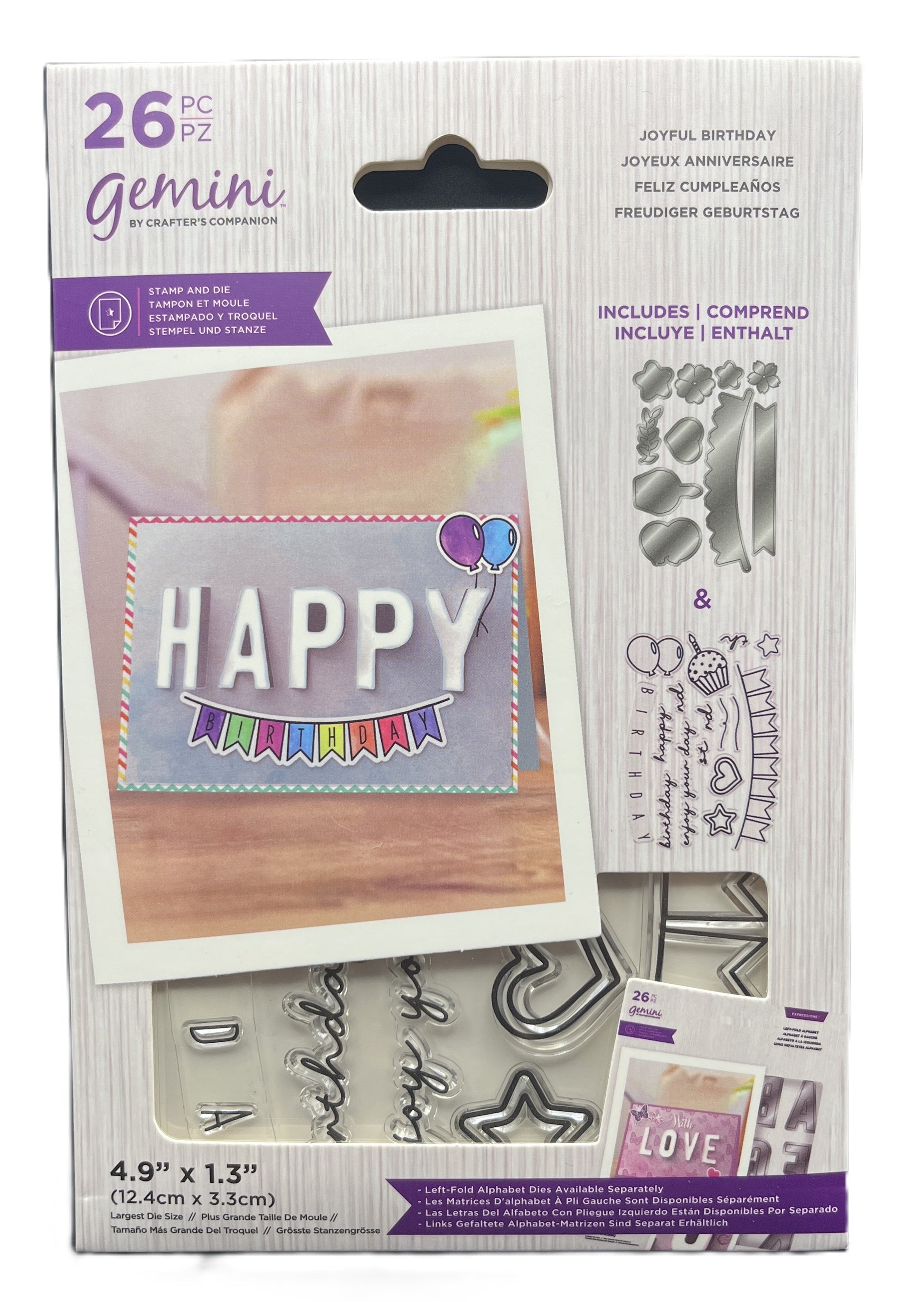 Packaging of Gemini stamp set with a sample card and stamps included.