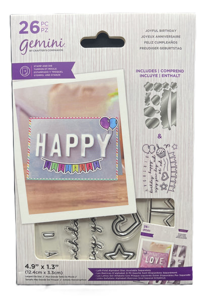 Packaging of Gemini stamp set with a sample card and stamps included.