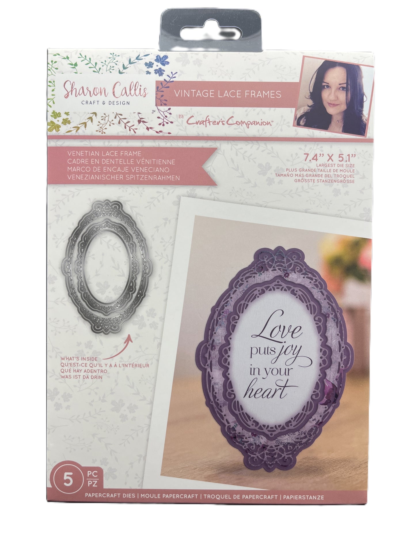 Sharon Caffey craft product packaging with lace frame and card on a white background