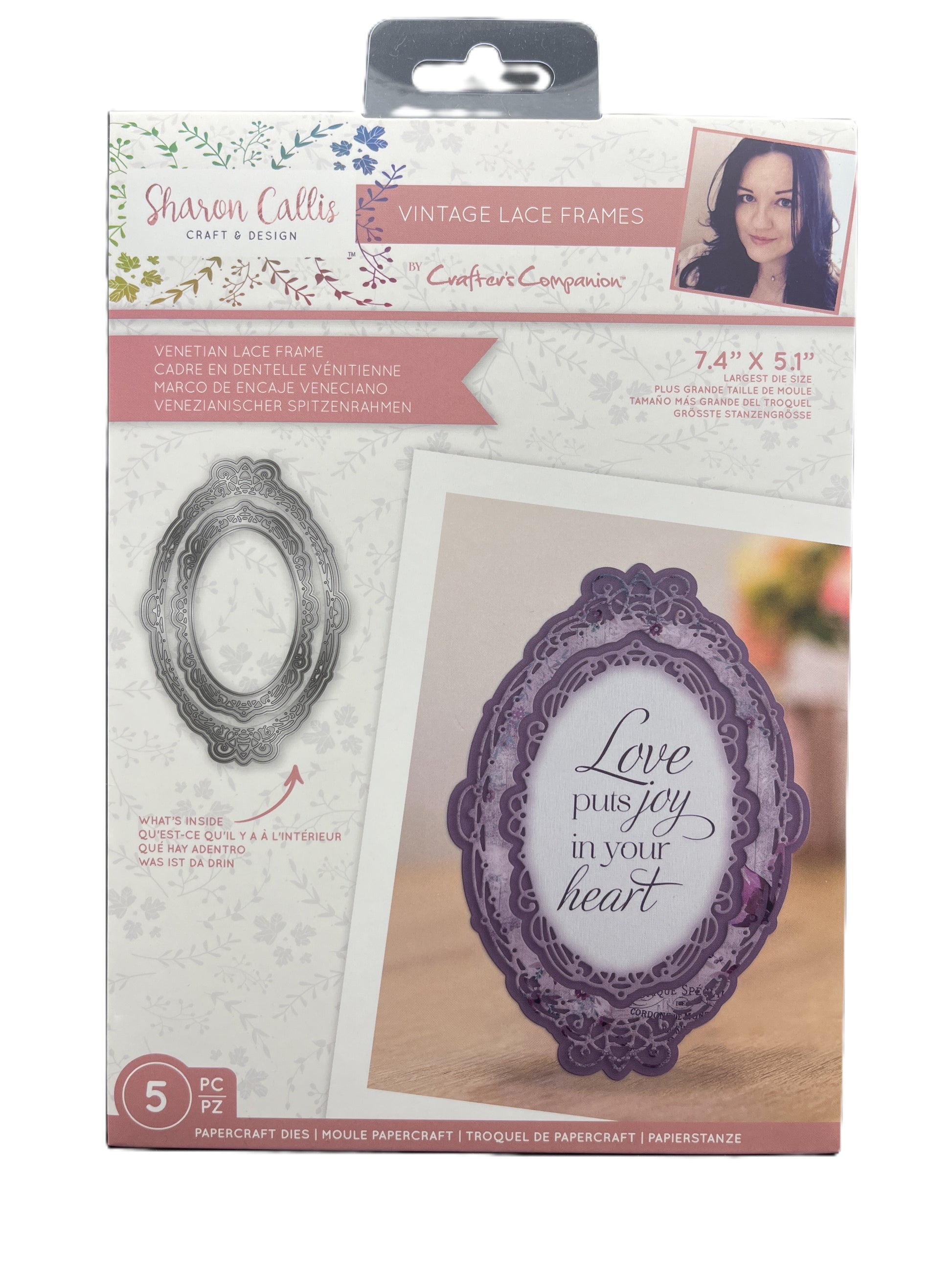 Sharon Caffey craft product packaging with lace frame and card on a white background