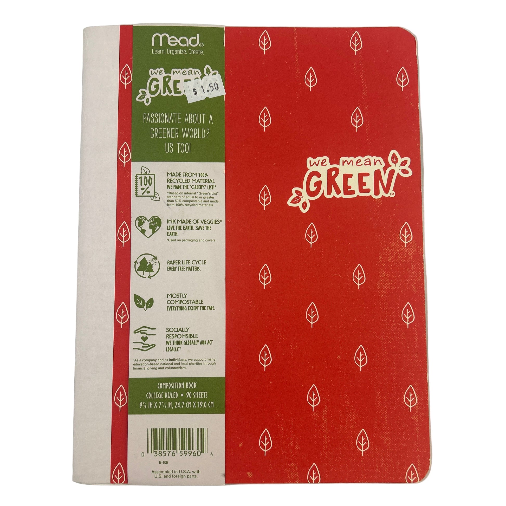 Red notebook with green label on a white background