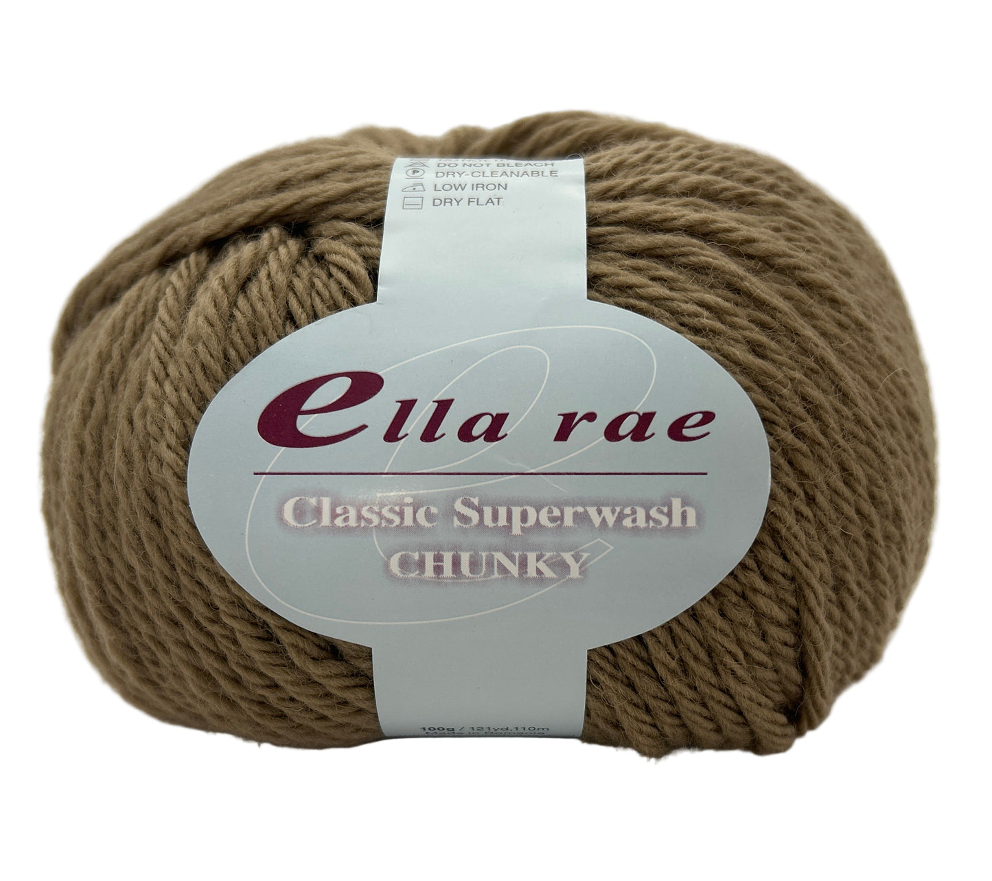 Ball of Ella Rae yarn with a label on a white background