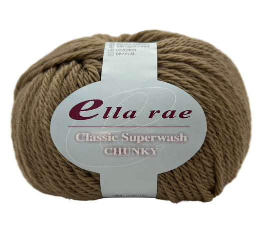 Ball of Ella Rae yarn with a label on a white background