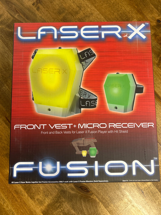 Laser X Fusion front vest and micro receiver packaging on a wooden surface