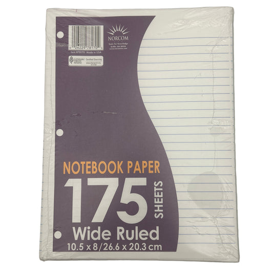 Pack of notebook paper with 175 sheets, wide ruled, on a white background