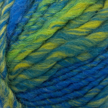 Blue and green skein of yarn on a white background