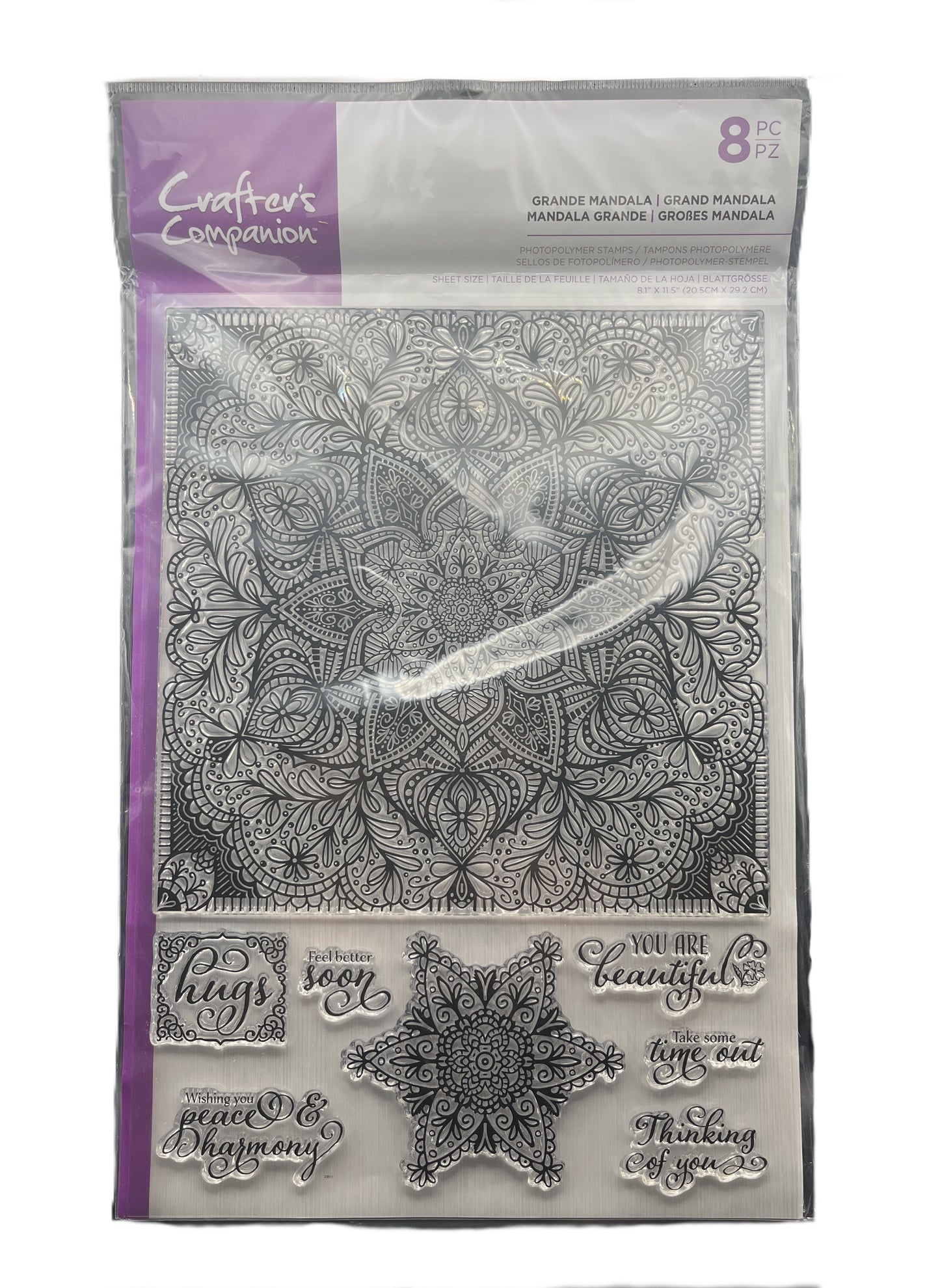Clear stamp set with mandala designs and text in a packaging sleeve, featuring the brand 'EvaEra'.