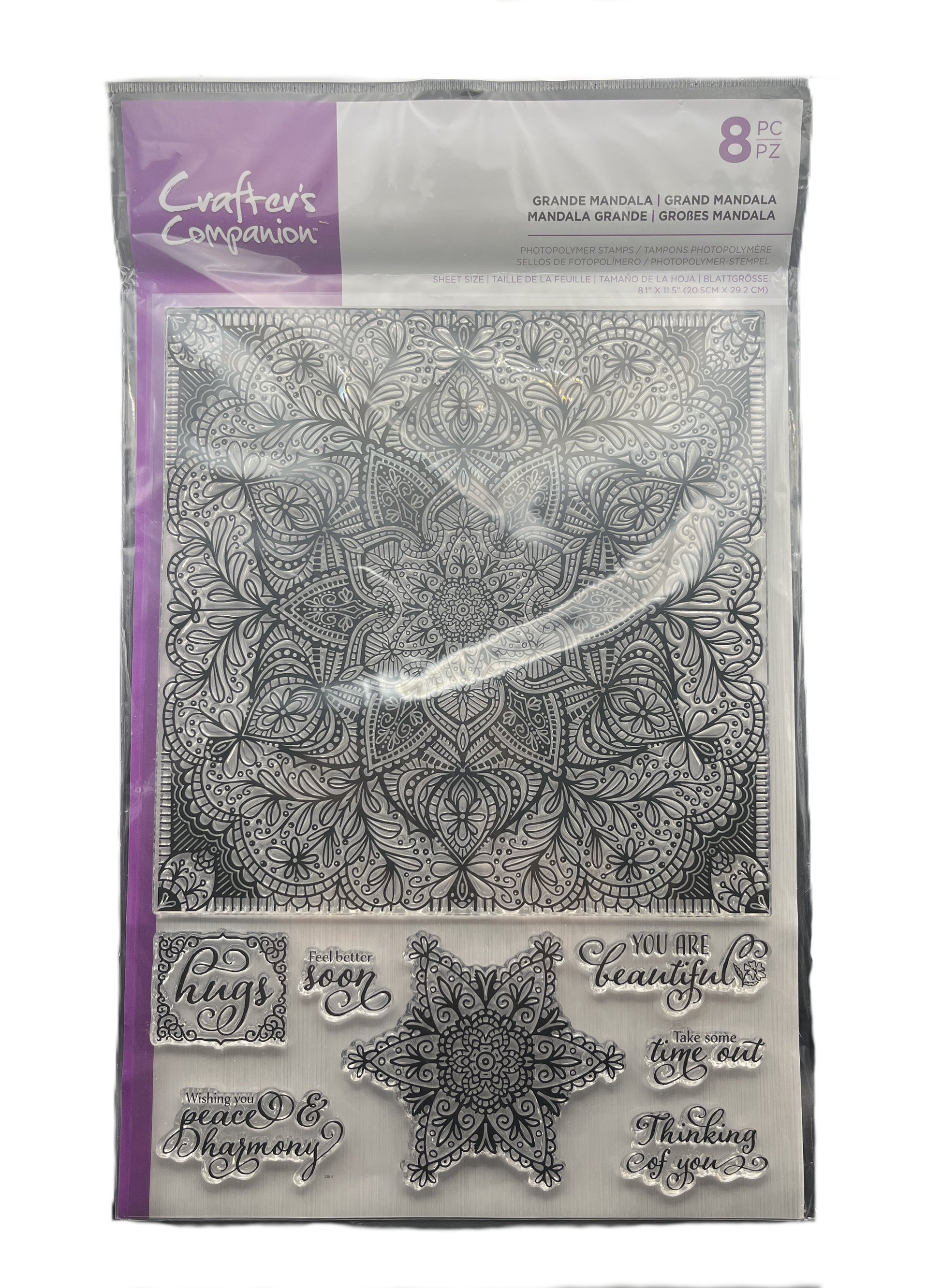 Clear stamp set with mandala designs and text in a packaging sleeve, featuring the brand 'EvaEra'.