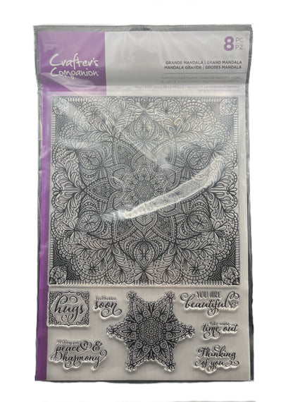 Clear stamp set with mandala designs and text in a packaging sleeve, featuring the brand 'EvaEra'.