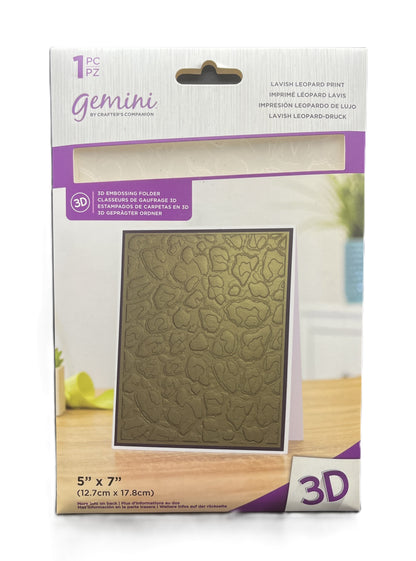 Packaging of a 3D embossing folder with leopard print design on a white background
