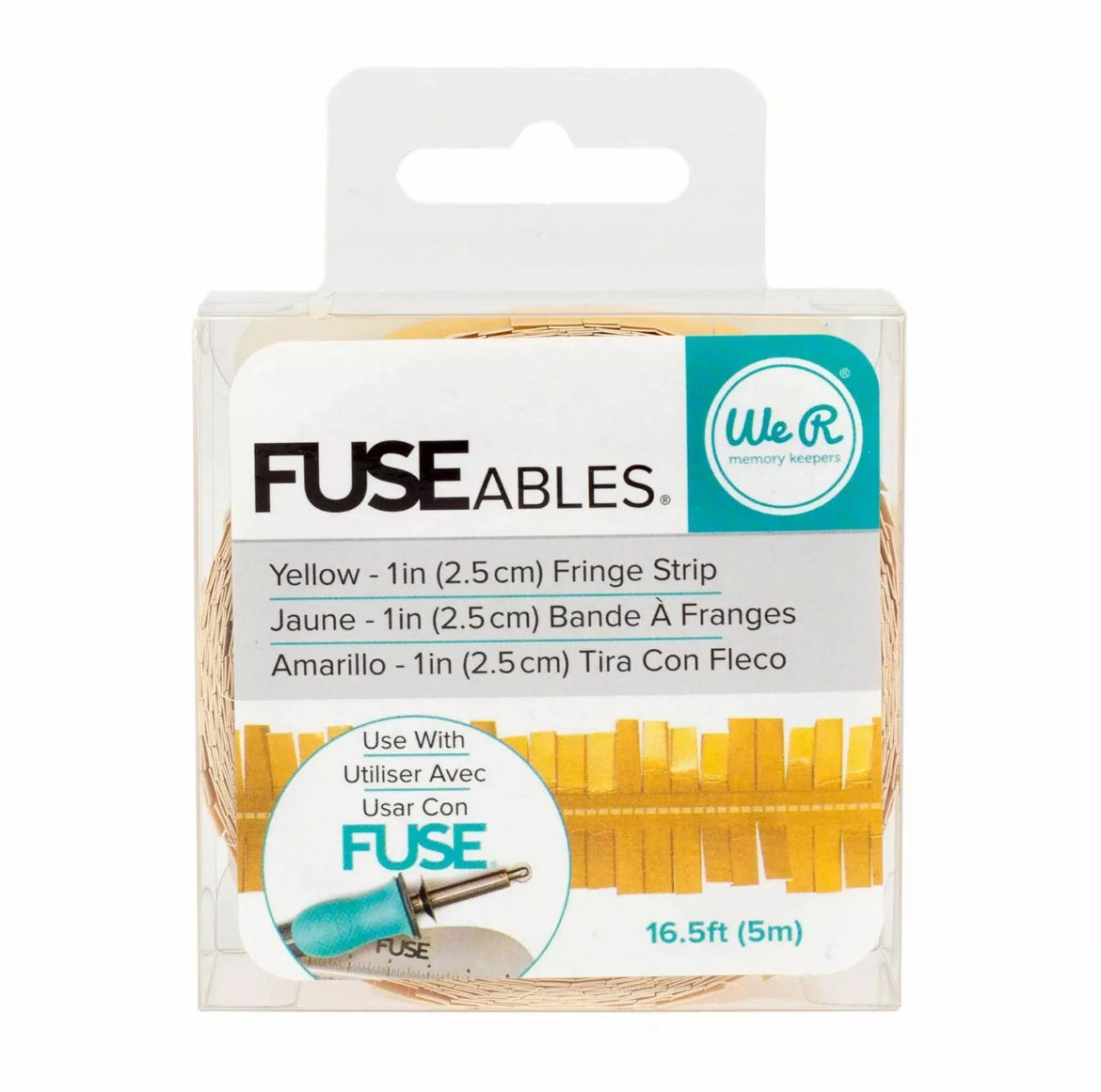 Package of yellow fringe strip with 'Fuse Ables' branding on a white background