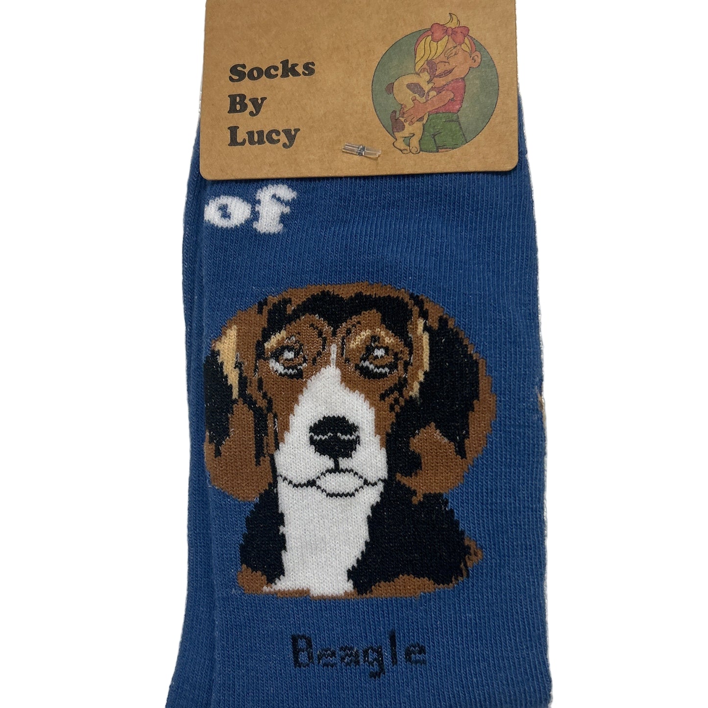 Blue sock with beagle design and brand label on a textured surface