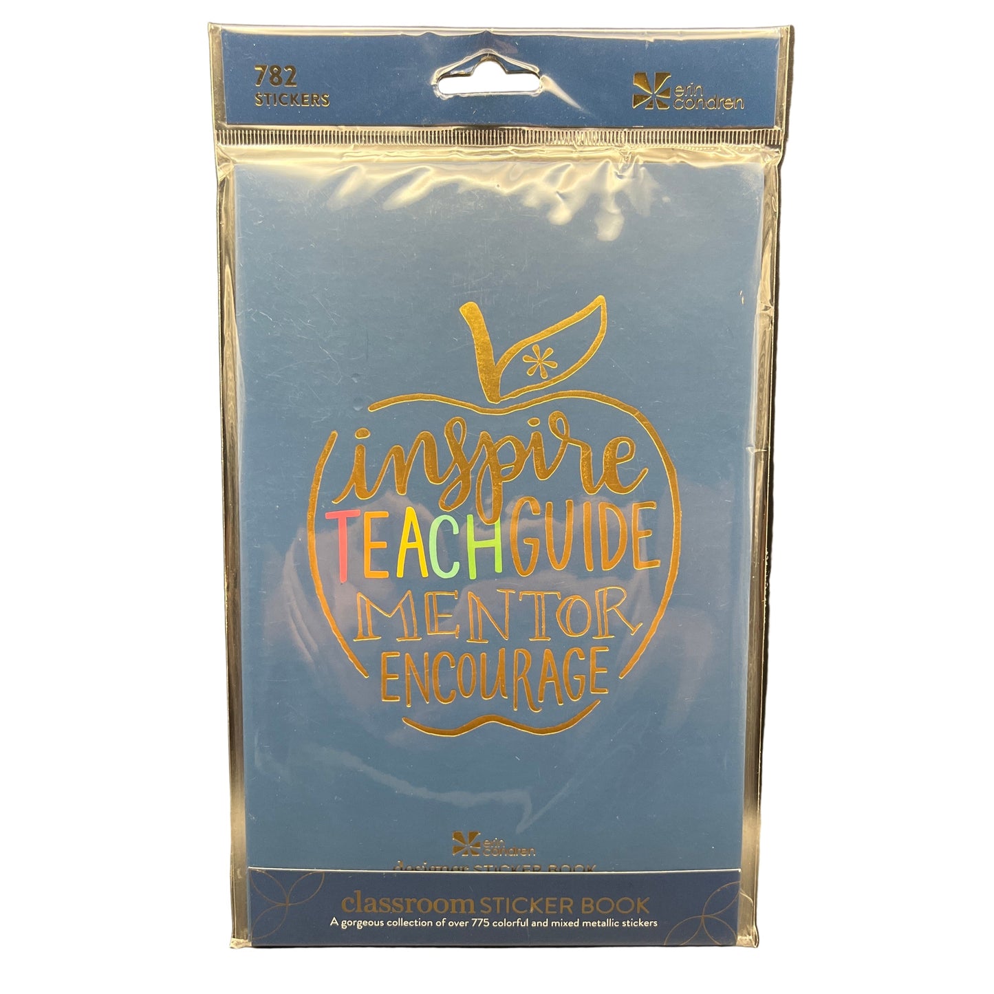 Packaged sticker book with motivational text and apple graphic on a blue background