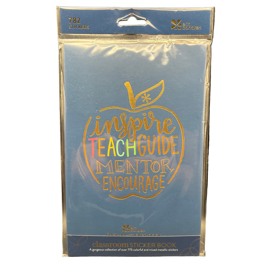 Packaged sticker book with motivational text and apple graphic on a blue background