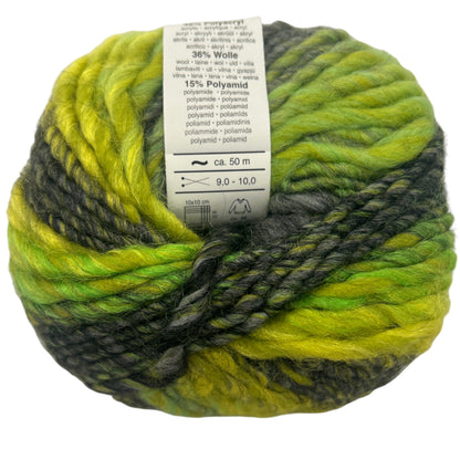 Yarn ball with green and black pattern on a white background