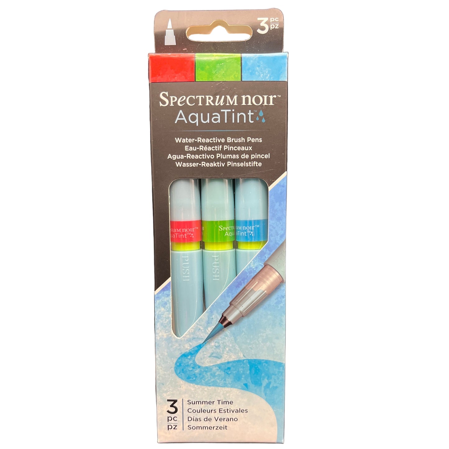 Packaging of Spectrum Noir Aquatint water Reactive brush pens with three pens inside on a white background.