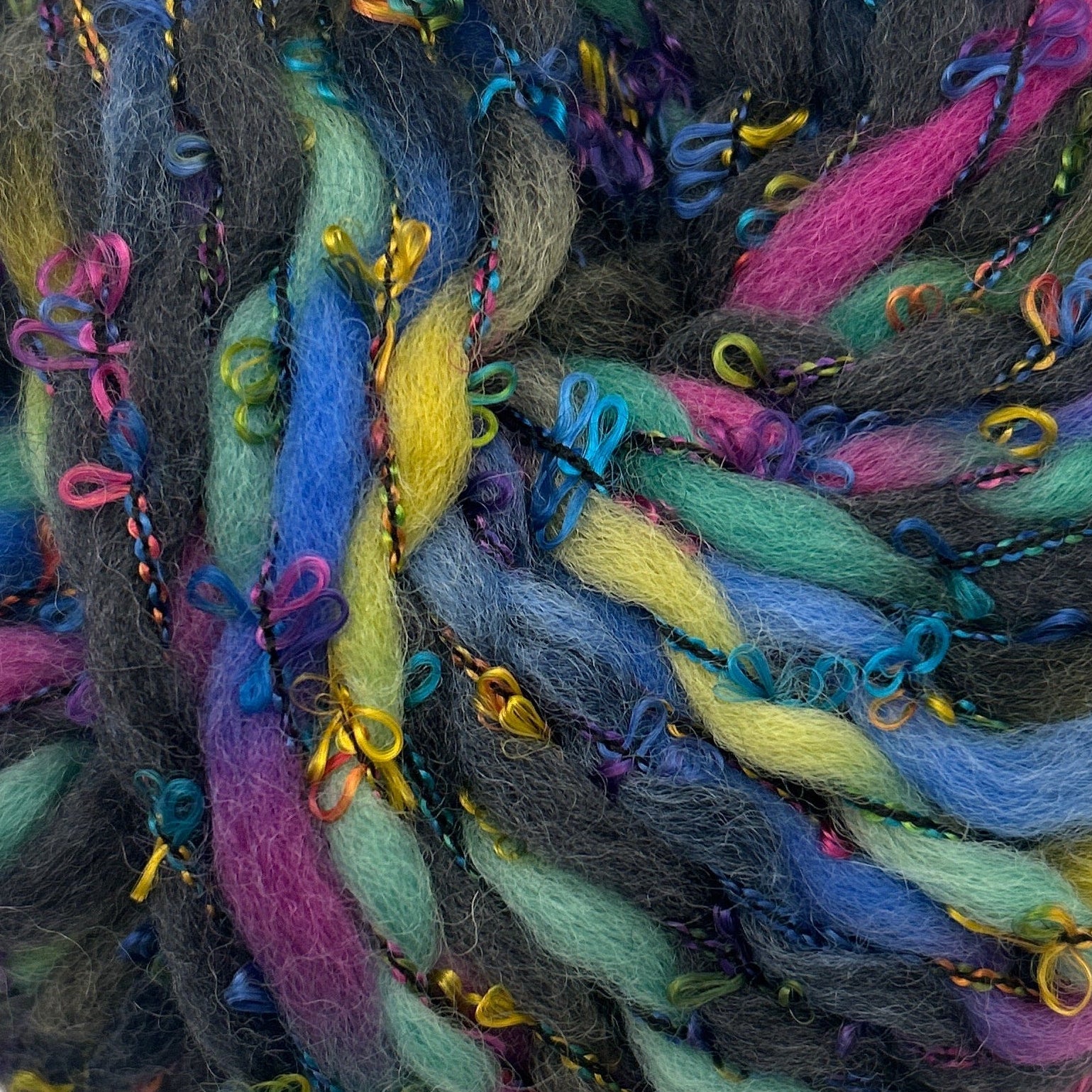 Multicolored skein of yarn on a white background