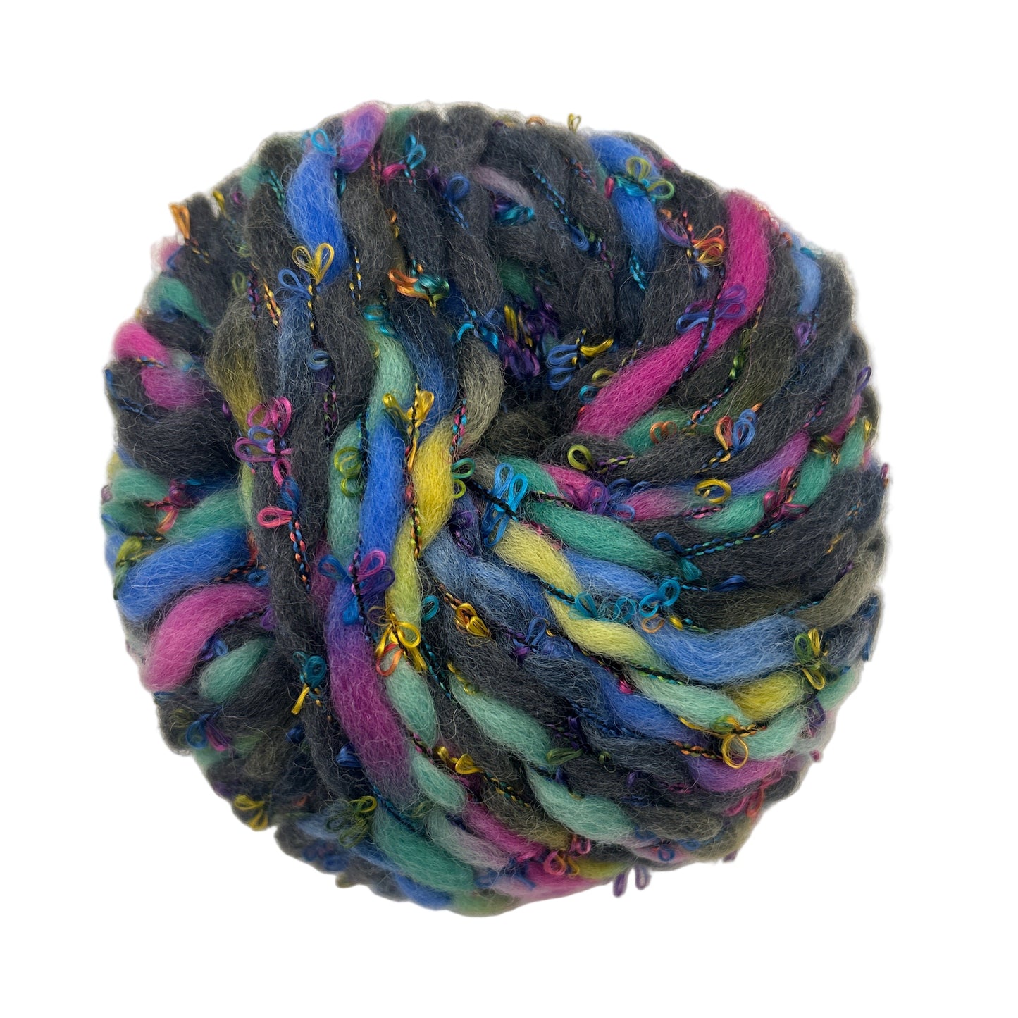 Multicolored skein of yarn on a white background