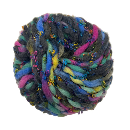 Multicolored skein of yarn on a white background