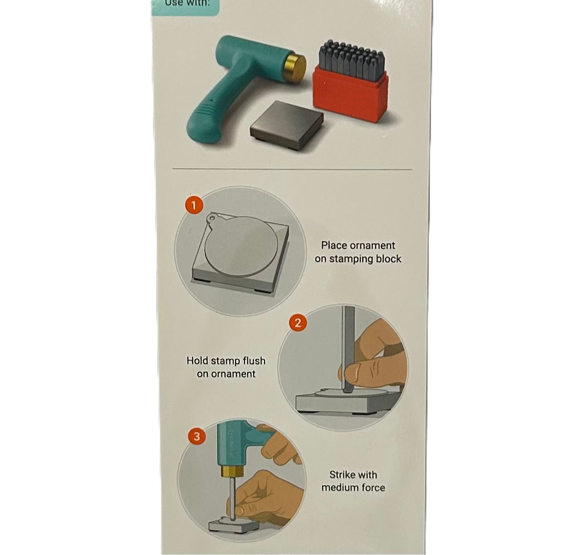 Instructions for using a stamping tool with illustrations and text on a beige background