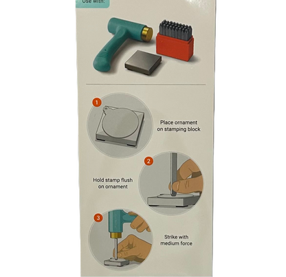 Instructions for using a stamping tool with illustrations and text on a beige background