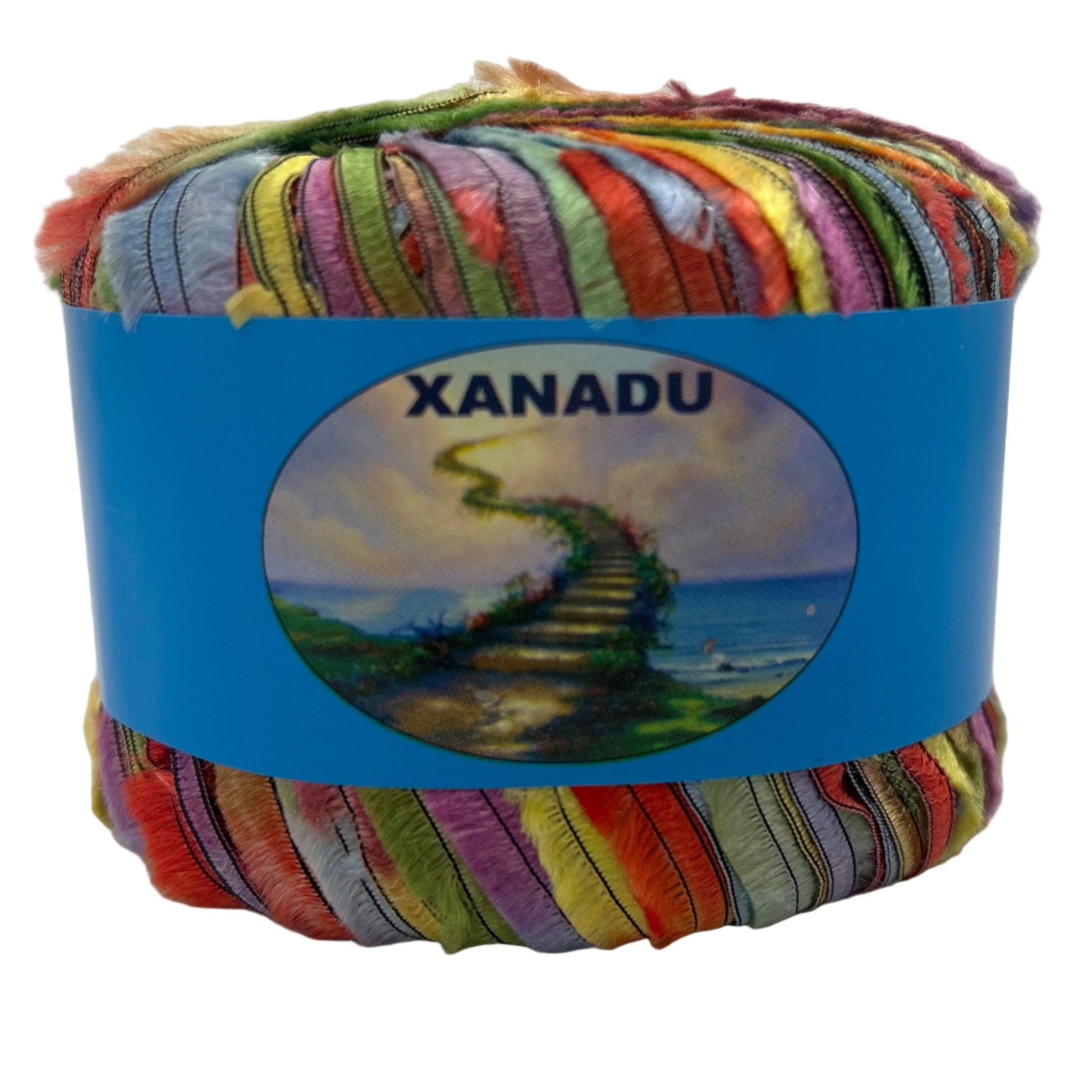 Colorful yarn ball with a blue label featuring the brand 'Xanadu' on a white background.