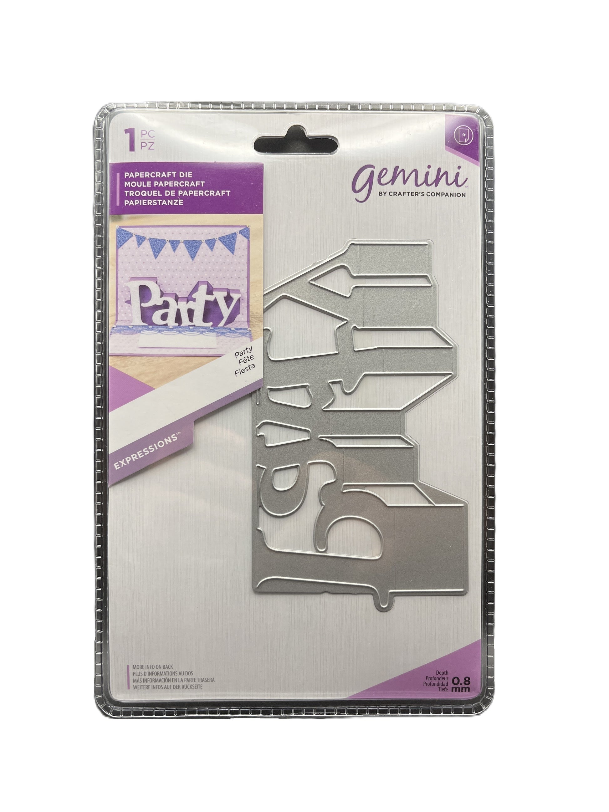 Metallic paper craft die with packaging on a white background