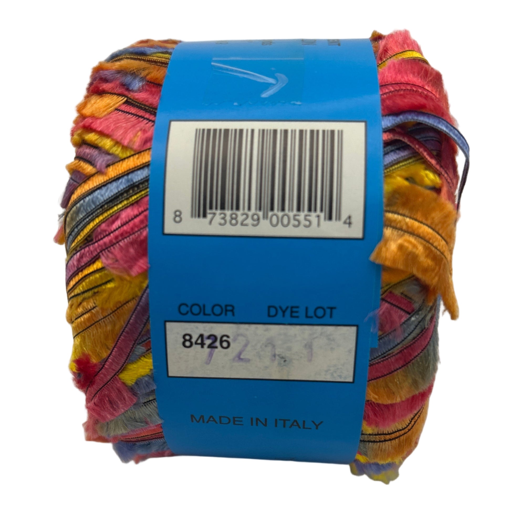 Multicolored yarn ball with a blue label on a white background