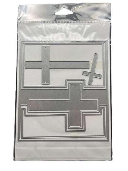 Metallic cross-shaped stamps in a clear plastic packaging on a white background